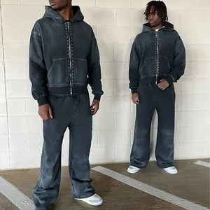 Men's Hoodies Rhinestone 100% Cotton Sweatpants And Hoodie Acid Wash Set Oversized Full Zip Up Custom Heavyweight For Men