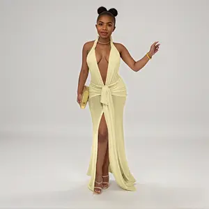 Ladies New Solid Color Sexy Deep V Neck Sleeveless Backless Halter Open Back Split Elegant Fashion Sexy Women Dress