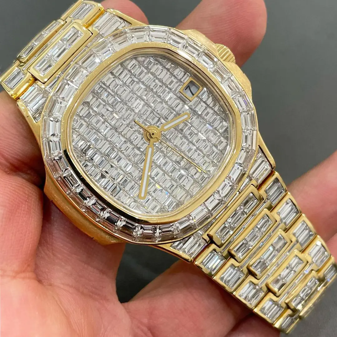Fully Iced Out With Baguette Cut Vvs Clarity Diamonds Hip Hop Moissanite Watch for Men in Custom Dial Design