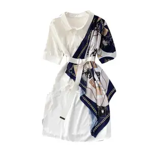 Print Patchwork Elegant Women Dress A-line Irregular Simple Femme Dresses Turn-down Collar Drawstring Chiffon Dresses Fashion