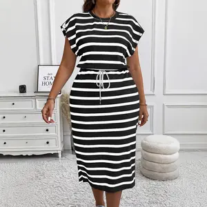 Wholesale Plus-size Batsleeved Summer Striped Printed Short-sleeved Drawstring Striped Dress for Summer