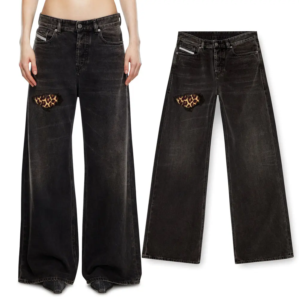 Vintage Leopard Celana Baggy Y2K Ripped Washed Jeans Women Straight Pants Loose Denim Trousers