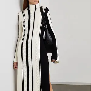 Knitwear Manufacturers Custom Contrast Color Stripe Turtleneck Long Sleeve Split Long Women Midi Casual Sweater Knit Dress