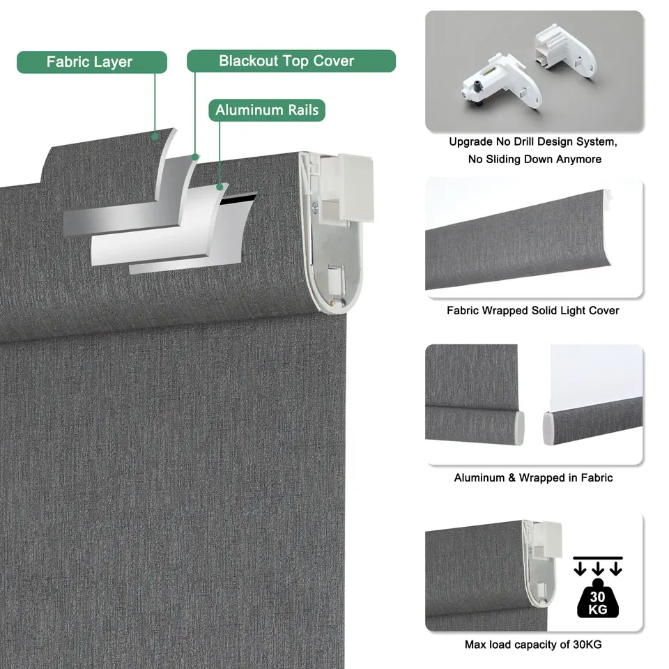 Persilux No Drill No Tool Roller Shades Cordless Roller Blinds for Windows Home Office Kitchen Living Room Bedroom Made in China